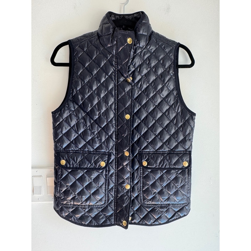 J.Crew Excursion Quilted Vest Navy Blue Gold Snaps XS E1328